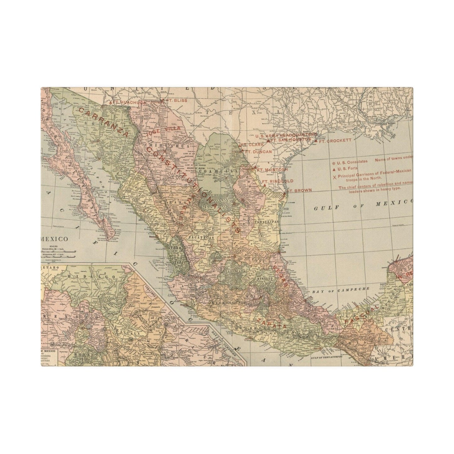 Close-up of textured canvas surface highlighting brushstroke details and vibrant color accents from the Mexican Revolution