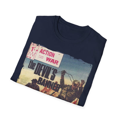 Close-up of the charcoal gray unisex softstyle T-shirt’s neckline and reinforced double-stitched collar detail from a