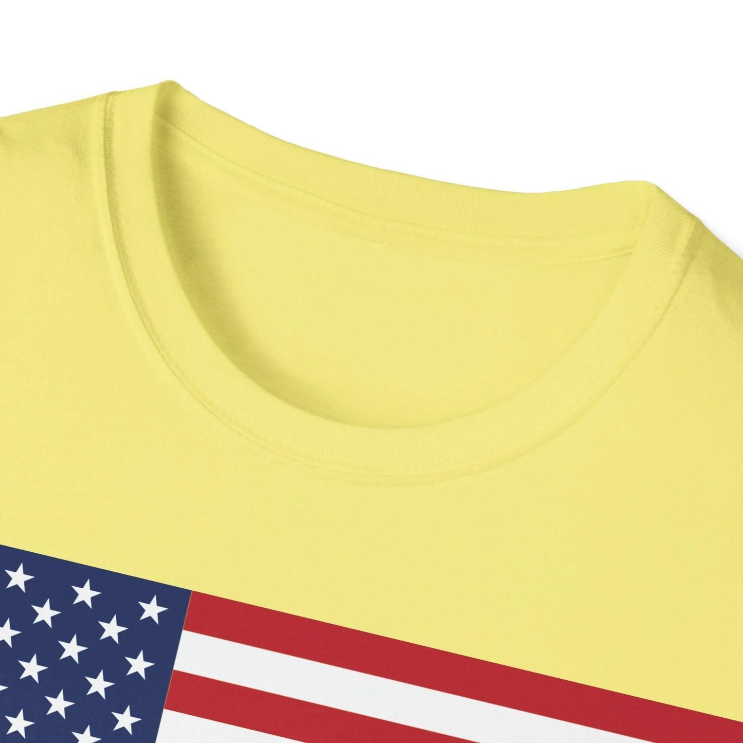 Close-up of the American flag heartbeat graphic on the cozy white unisex softstyle T-shirt showcasing vibrant colors and