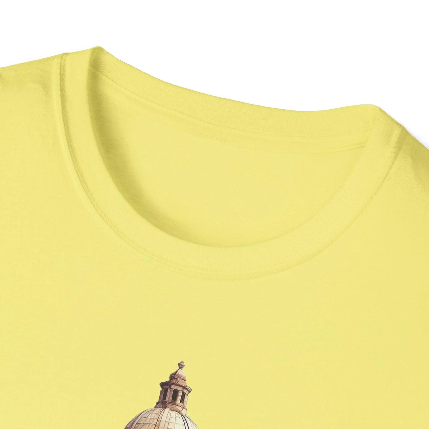 Close-up of the unisex fit label on the inside neckline, highlighting the soft, lightweight cotton blend fabric and subtle