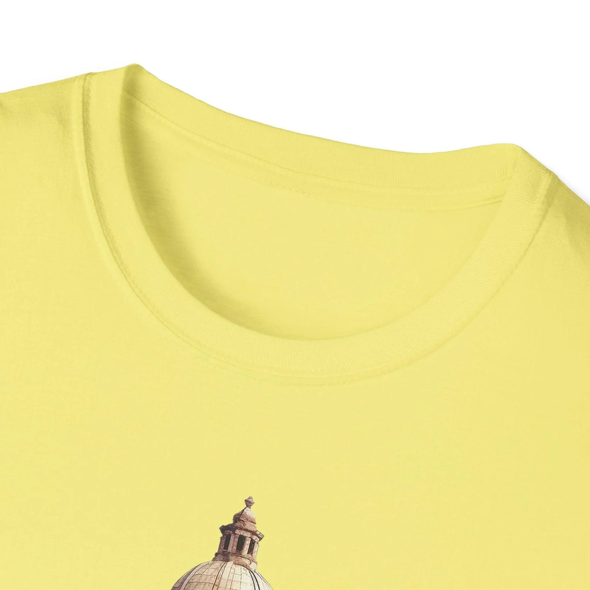 Close-up of the unisex fit label on the inside neckline, highlighting the soft, lightweight cotton blend fabric and subtle