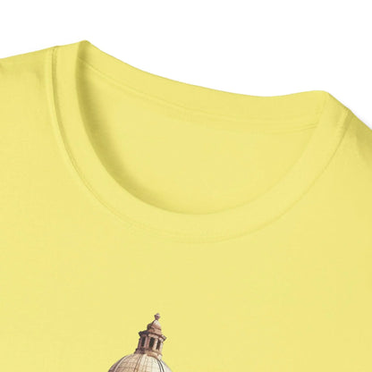 Close-up of the unisex fit label on the inside neckline, highlighting the soft, lightweight cotton blend fabric and subtle