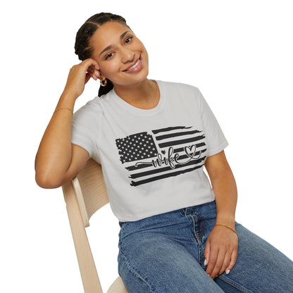 Close-up of distressed American flag black-and-white print on the unisex crew neckline showing subtle fabric texture and