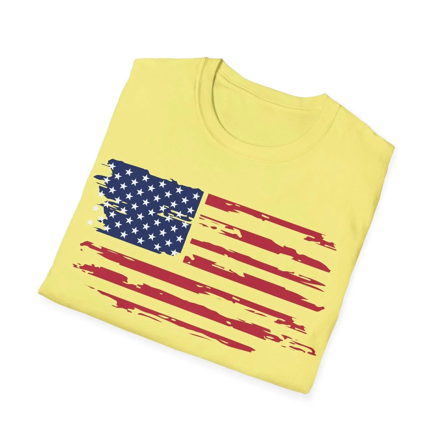 Close-up of distressed American flag pattern on the soft cotton fabric, highlighting faded red and blue hues on the chest