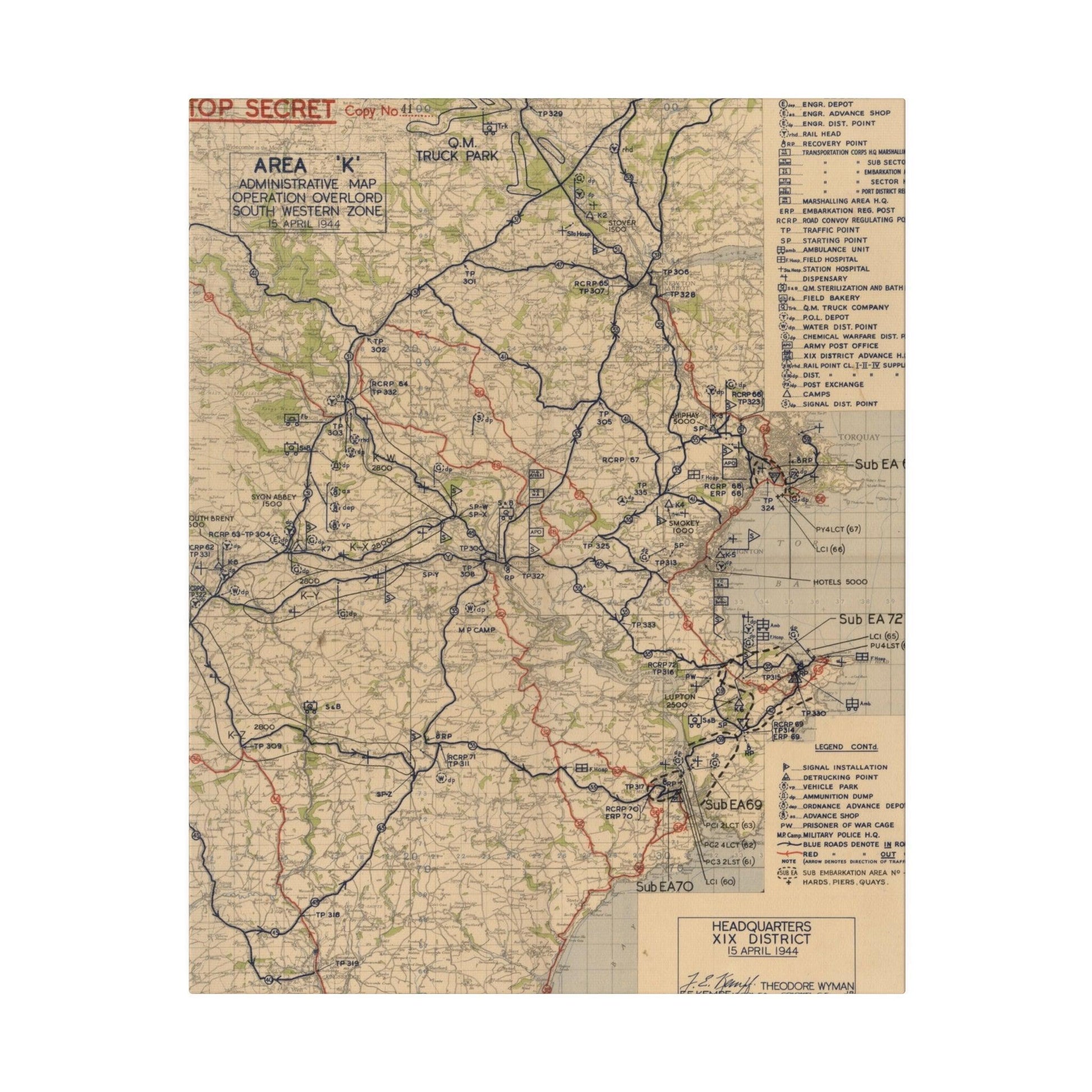 Close-up of detailed map labels and textures showing Operation Overlord South Western Zone, April 15, 1944, on canvas.
