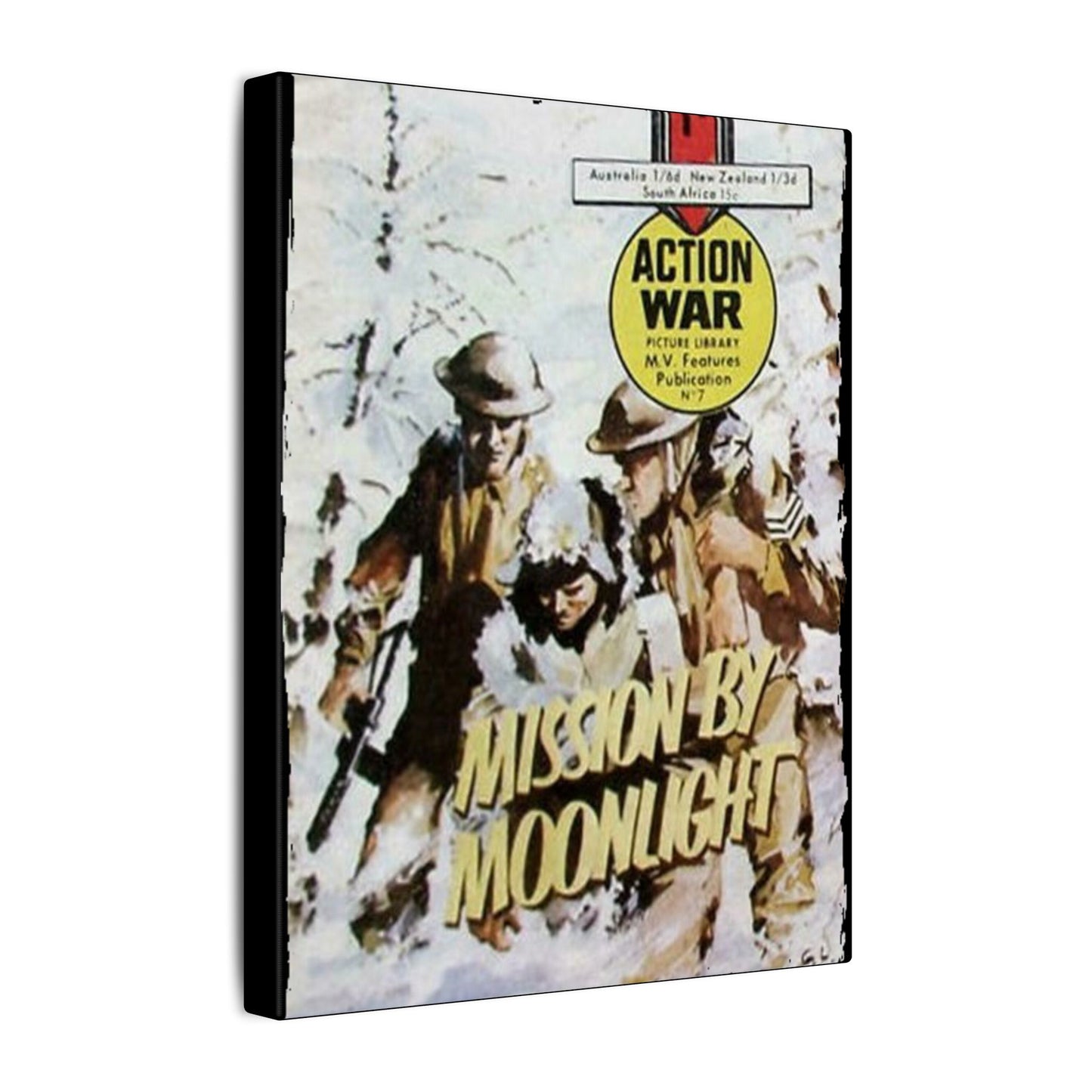 Close-up of the canvas texture highlighting detailed brushstrokes and vibrant color blending in "Action War #7" artwork.