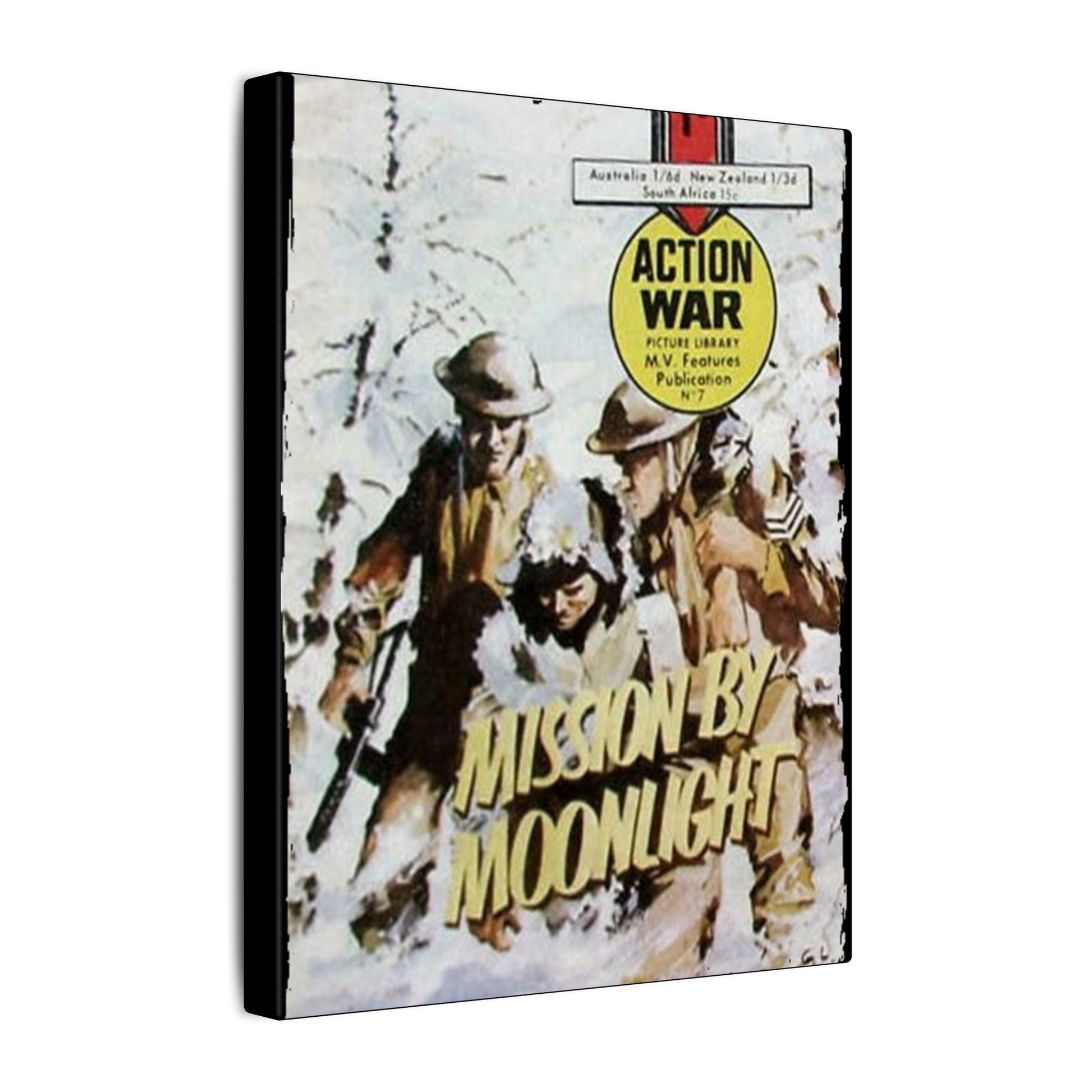 Close-up of the canvas texture highlighting detailed brushstrokes and vibrant color blending in "Action War #7" artwork.