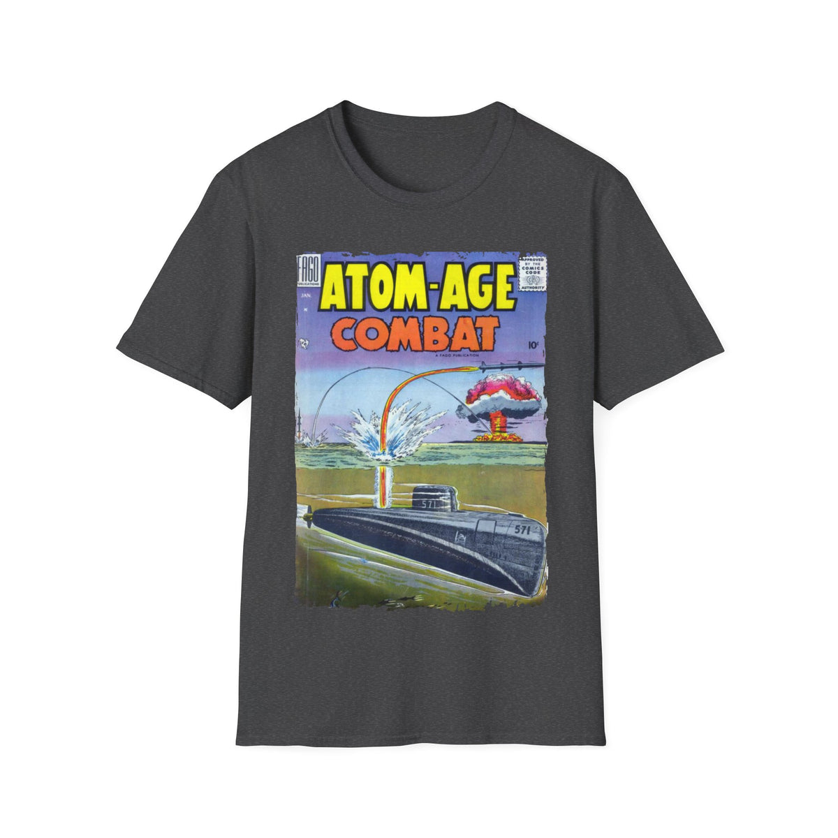 Close-up of the Atom-Age Combat No.2 unisex softstyle T-shirt's neckline with reinforced seams and visible fabric weave