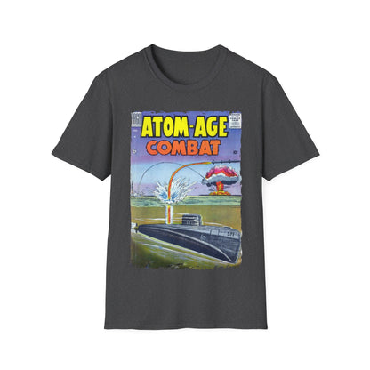 Close-up of the Atom-Age Combat No.2 unisex softstyle T-shirt's neckline with reinforced seams and visible fabric weave