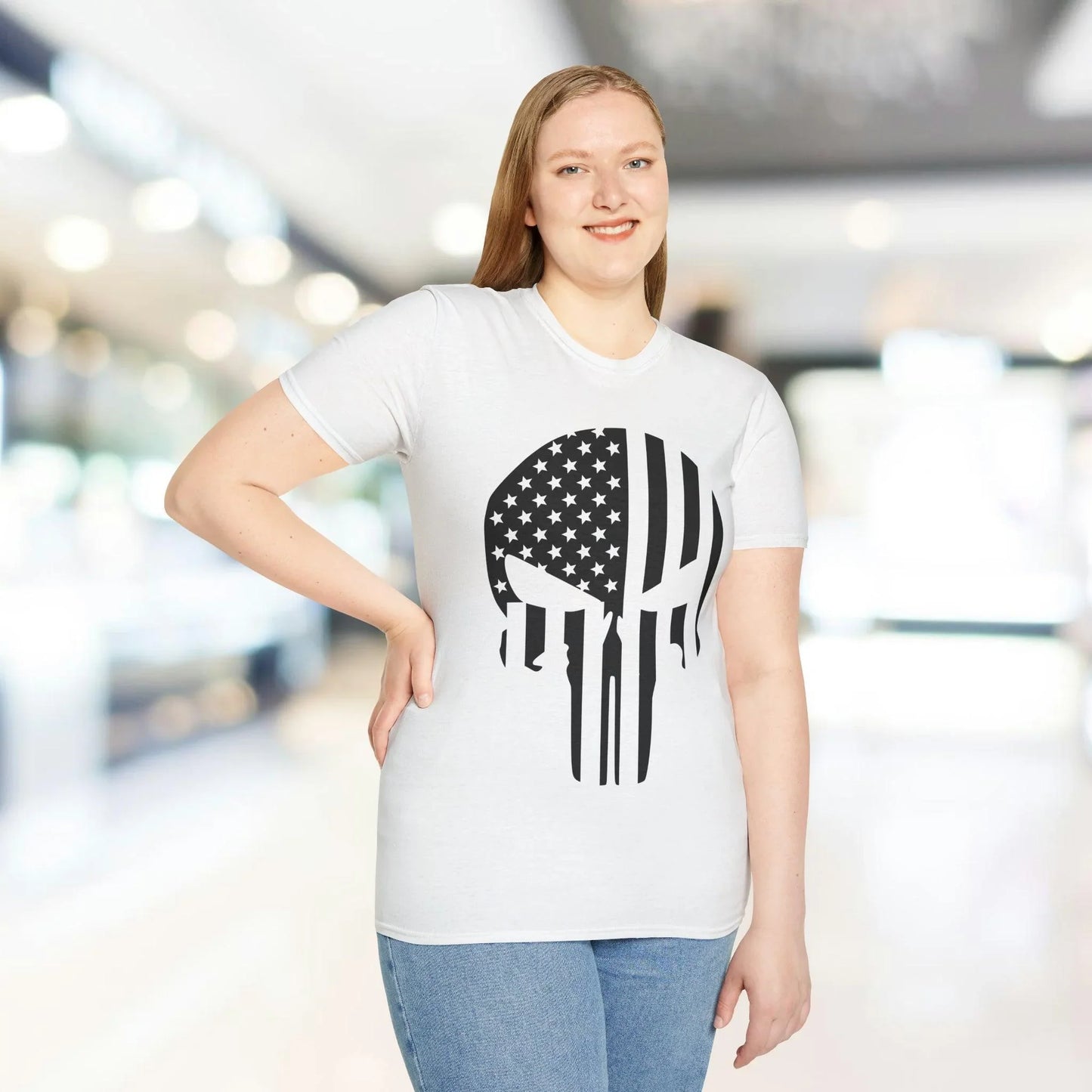 Close-up of the American Skull Flag B&W design on a relaxed fit, black cotton T-shirt highlighting detailed monochrome skull