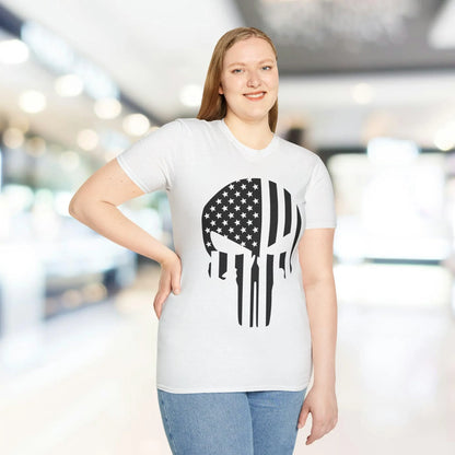 Close-up of the American Skull Flag B&W design on a relaxed fit, black cotton T-shirt highlighting detailed monochrome skull