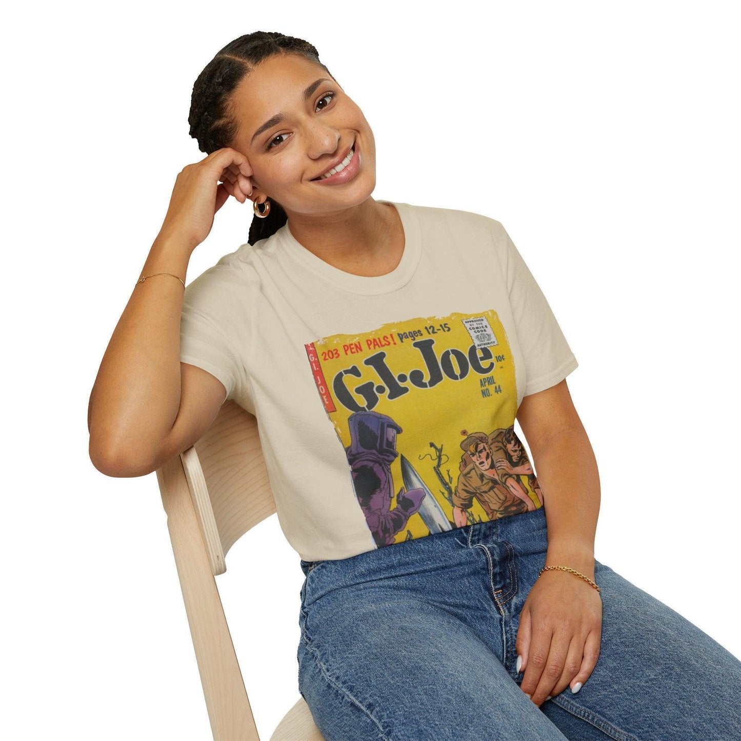 Close-up of the G.I. Joe No.44 softstyle T-shirt’s embroidered logo on the chest, showcasing textured stitching and relaxed