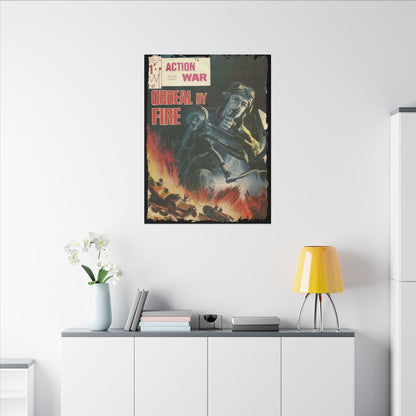 Close-up of the action scene detail with vibrant colors and dynamic linework on textured canvas surface.