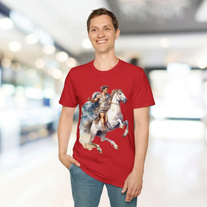 Close-up of the unisex softstyle T-shirt fabric texture in deep navy, displaying the smooth cotton-poly blend and reinforced