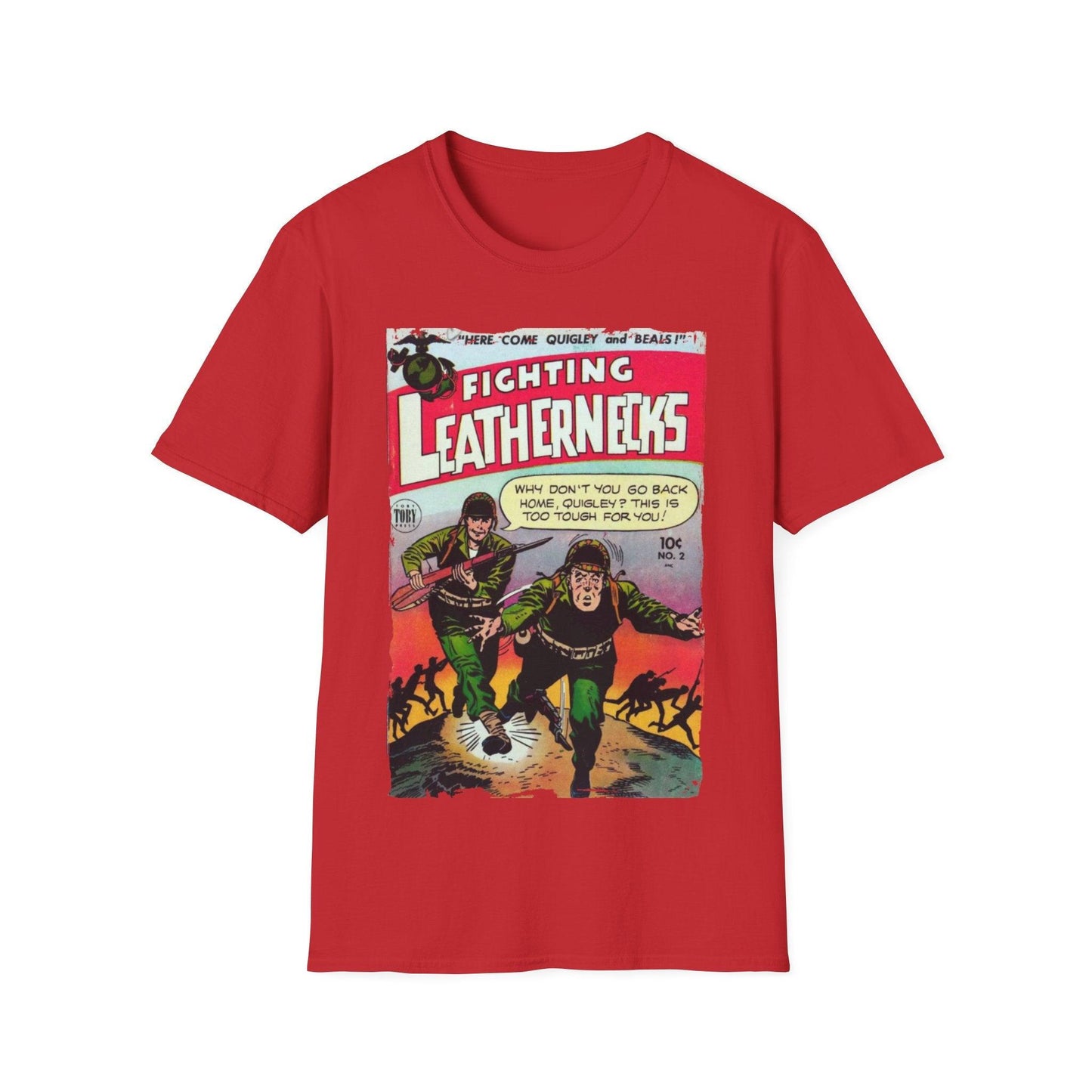 Close-up of the Fighting Leathernecks #2 unisex softstyle T-shirt’s front neckline, showcasing the smooth cotton fabric and