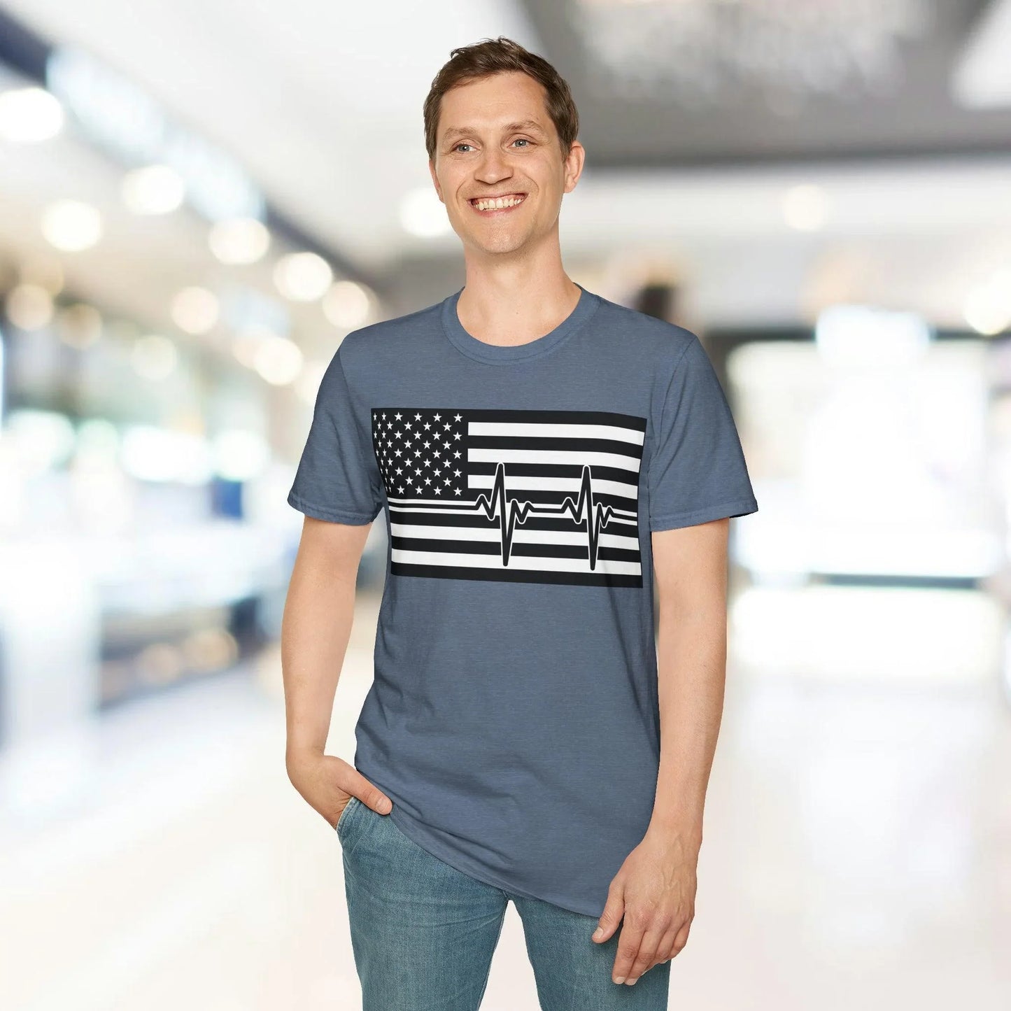 Close-up of the unisex black fabric with American flag heartbeat design printed across the chest area, highlighting the