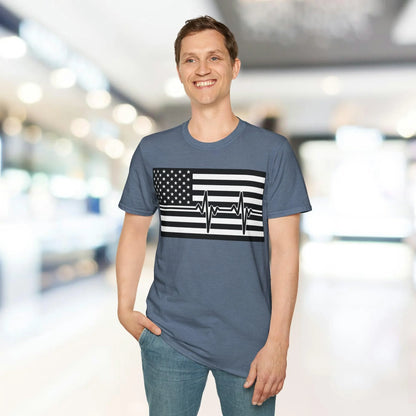 Close-up of the unisex black fabric with American flag heartbeat design printed across the chest area, highlighting the