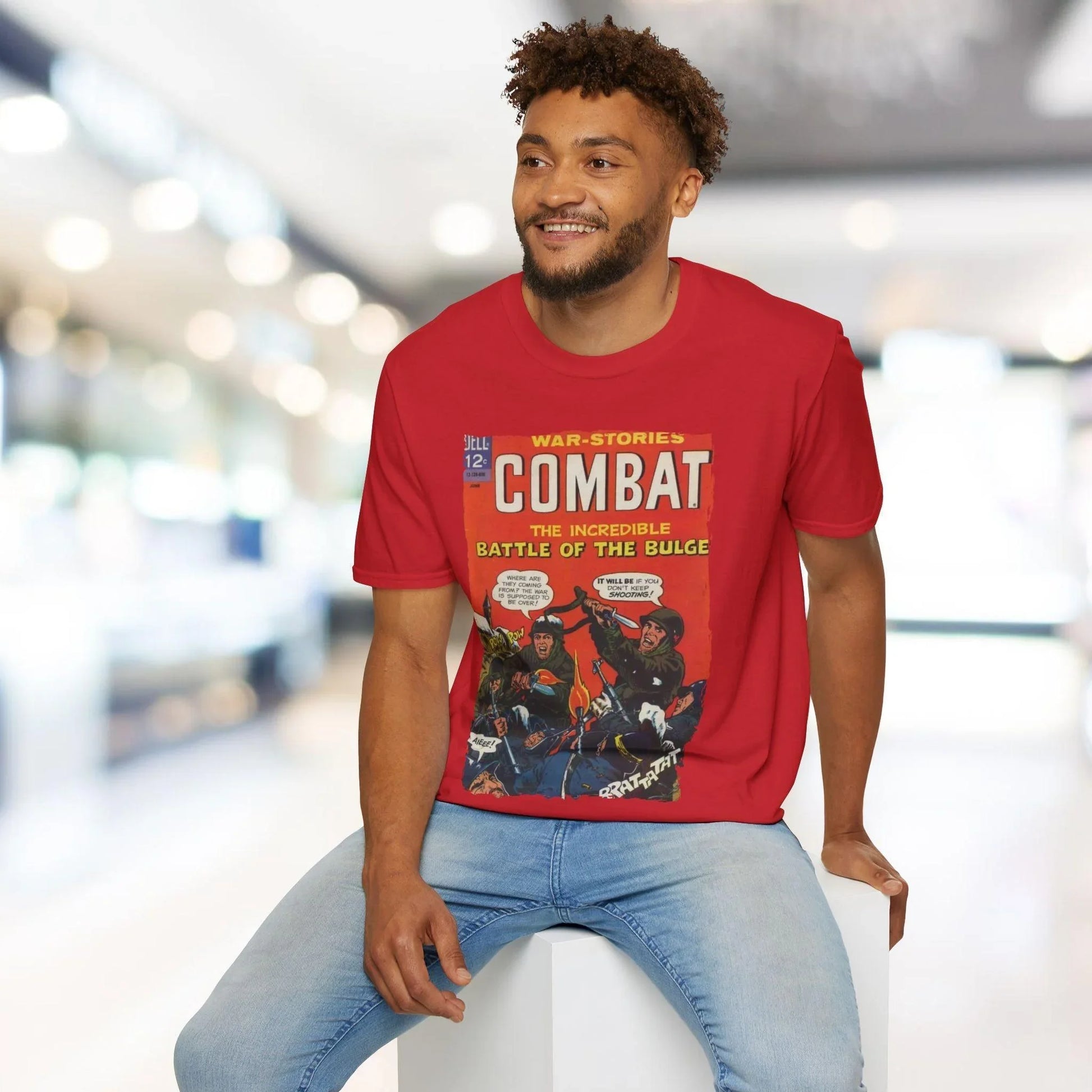 Close-up of the Combat June 1966 T-shirt's woven neck label with faded vintage logo detail on soft cotton fabric, showing