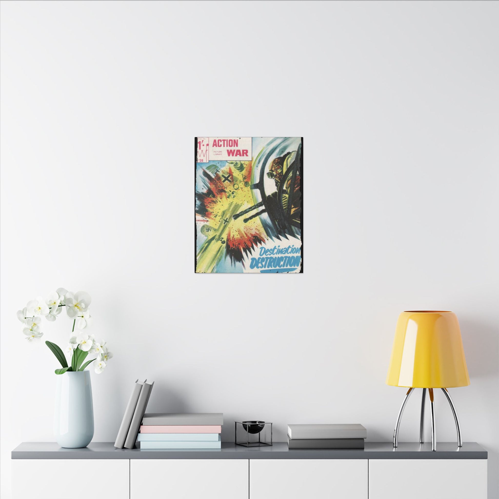 Close-up of the textured canvas surface with visible brushstrokes and detailed printing of Action War #26 comic cover art.