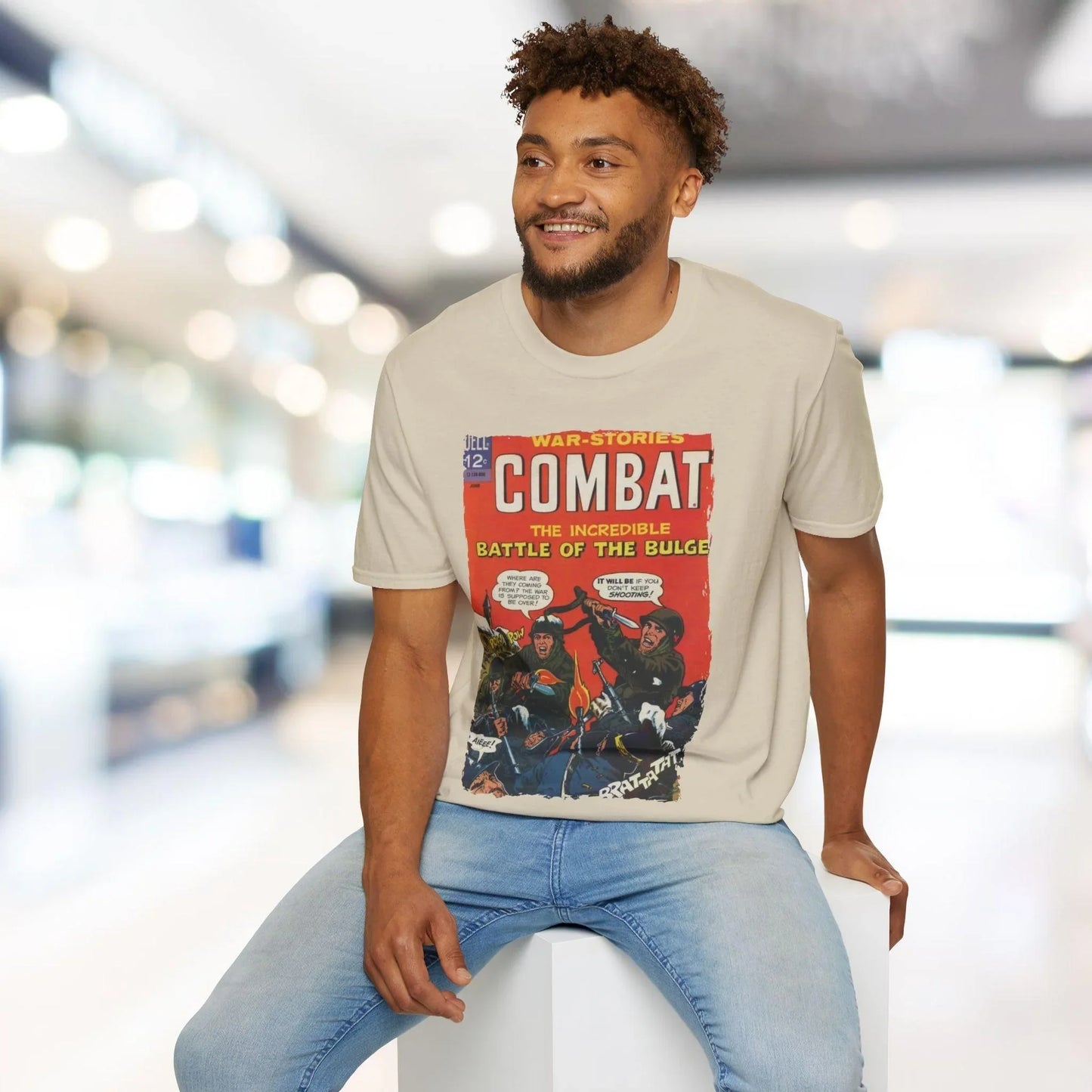 Close-up of the Combat June 1966 T-Shirt label sewn onto the soft cotton fabric, highlighting the fabric’s smooth texture