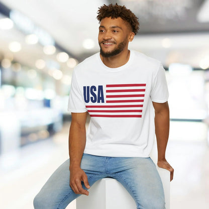Close-up of the American flag printed on the unisex softstyle T-shirt’s chest, showcasing vibrant colors and crisp stitching