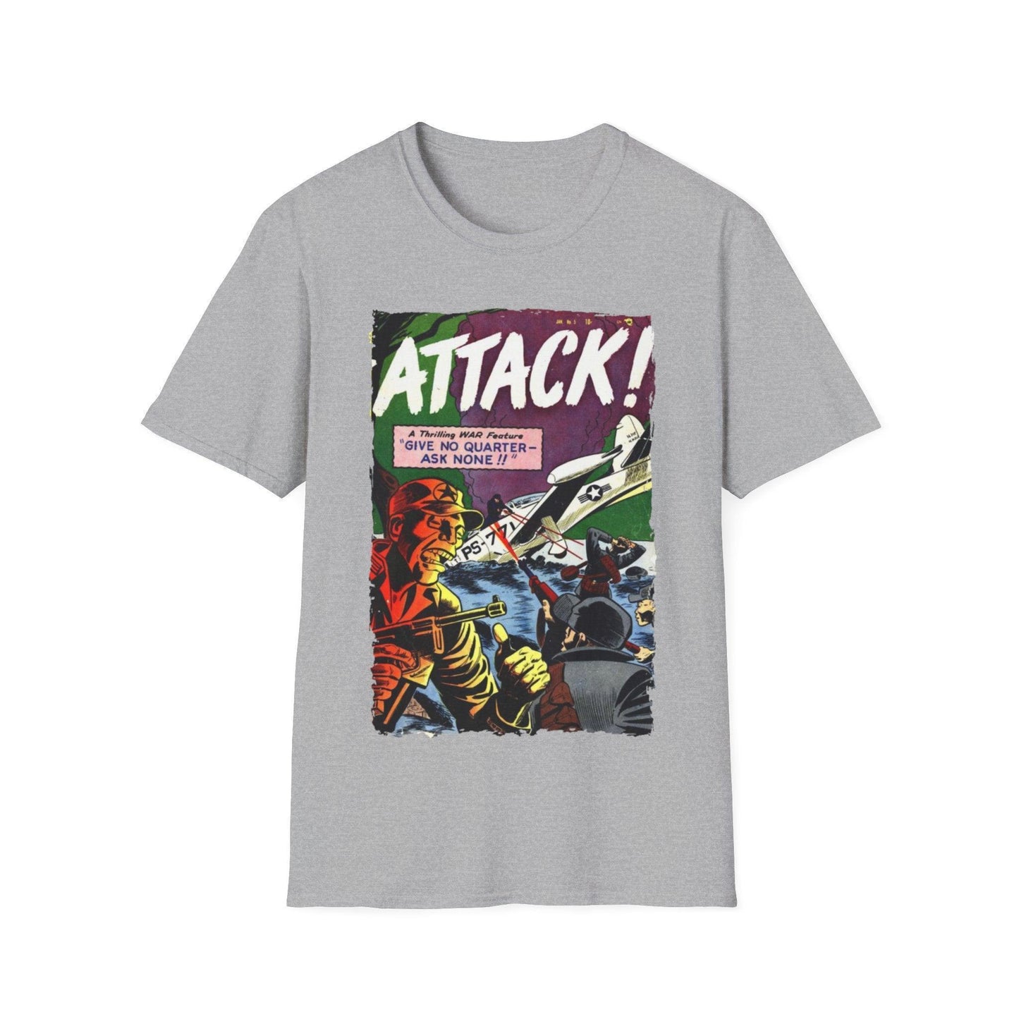 Close-up of the Attack! No. 5 unisex softstyle T-shirt’s brushed cotton fabric showing smooth texture and relaxed fit