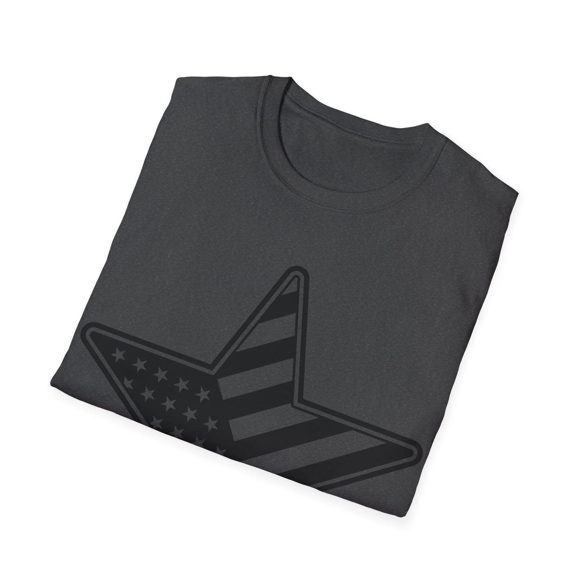Close-up of the American Flag Star B&W T-shirt's sleeve showing soft, black cotton fabric and reinforced stitching detail.