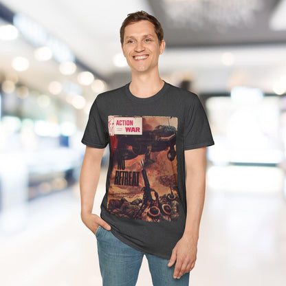 Close-up of the unisex softstyle fabric tag on the hem, showcasing the durable stitching and vibrant navy color detail.