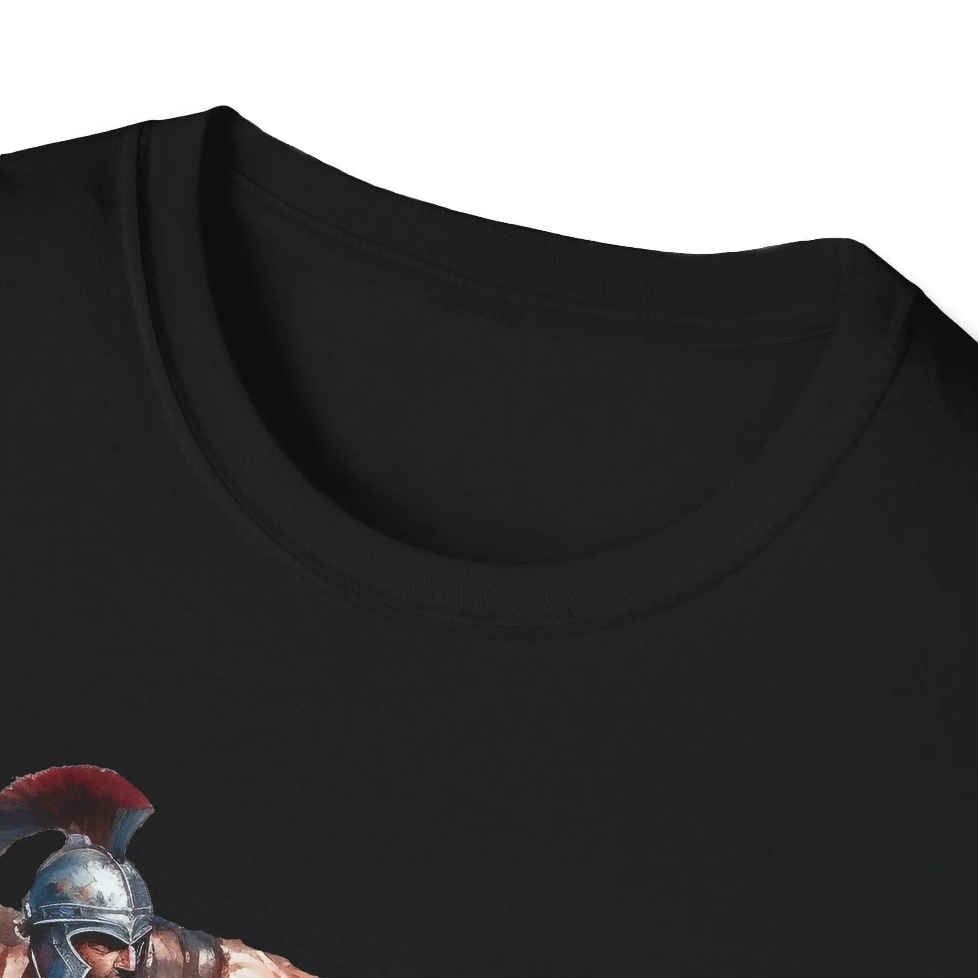 Close-up of the unisex softstyle T-shirt’s neckline and collar seam in deep navy, highlighting the smooth fabric and