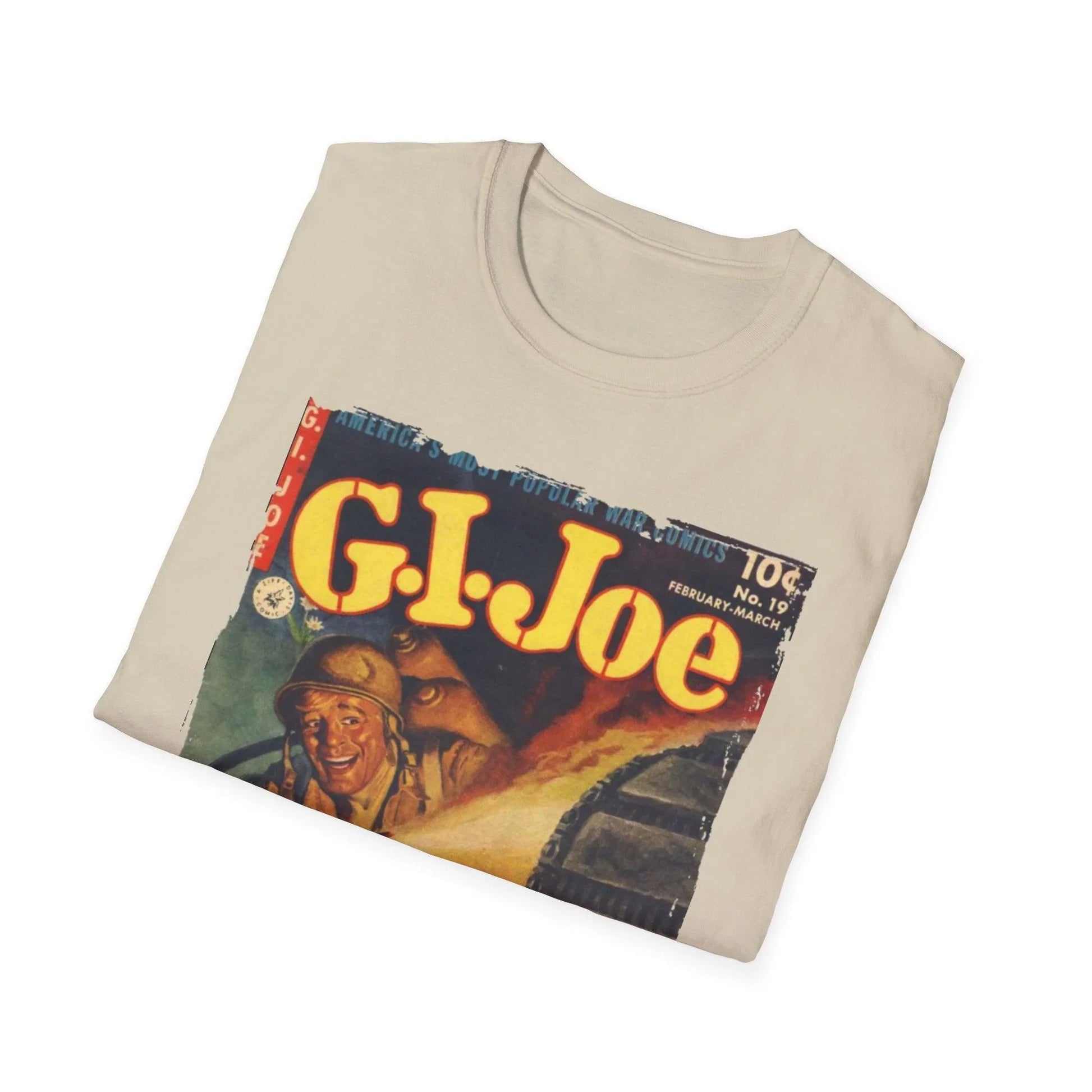 Close-up of the G.I. Joe No.19 softstyle T-shirt's fabric texture showing smooth, lightweight cotton blend in military green