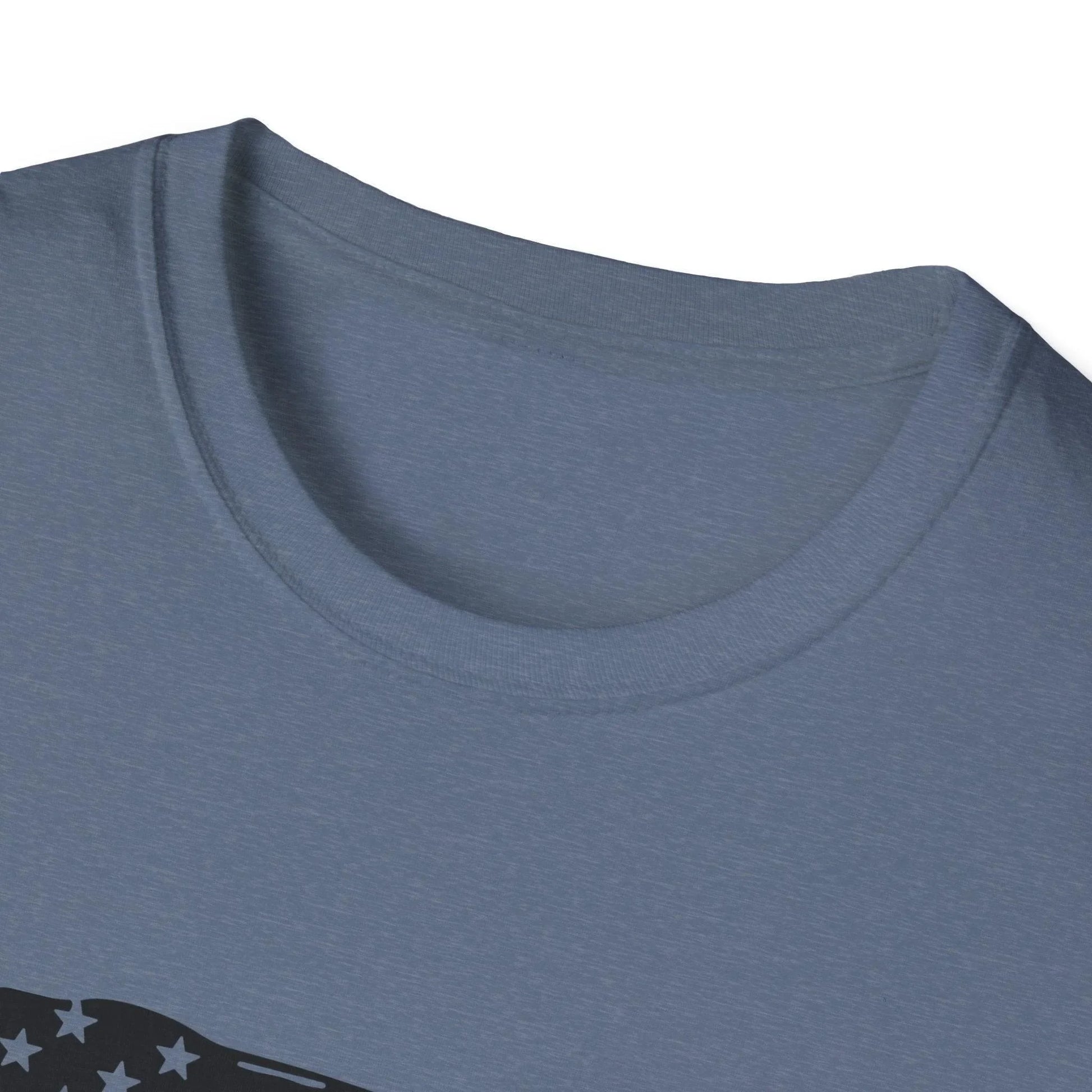 Close-up of the distressed black and white flag heartbeat graphic on the chest area of the slim-fit unisex softstyle