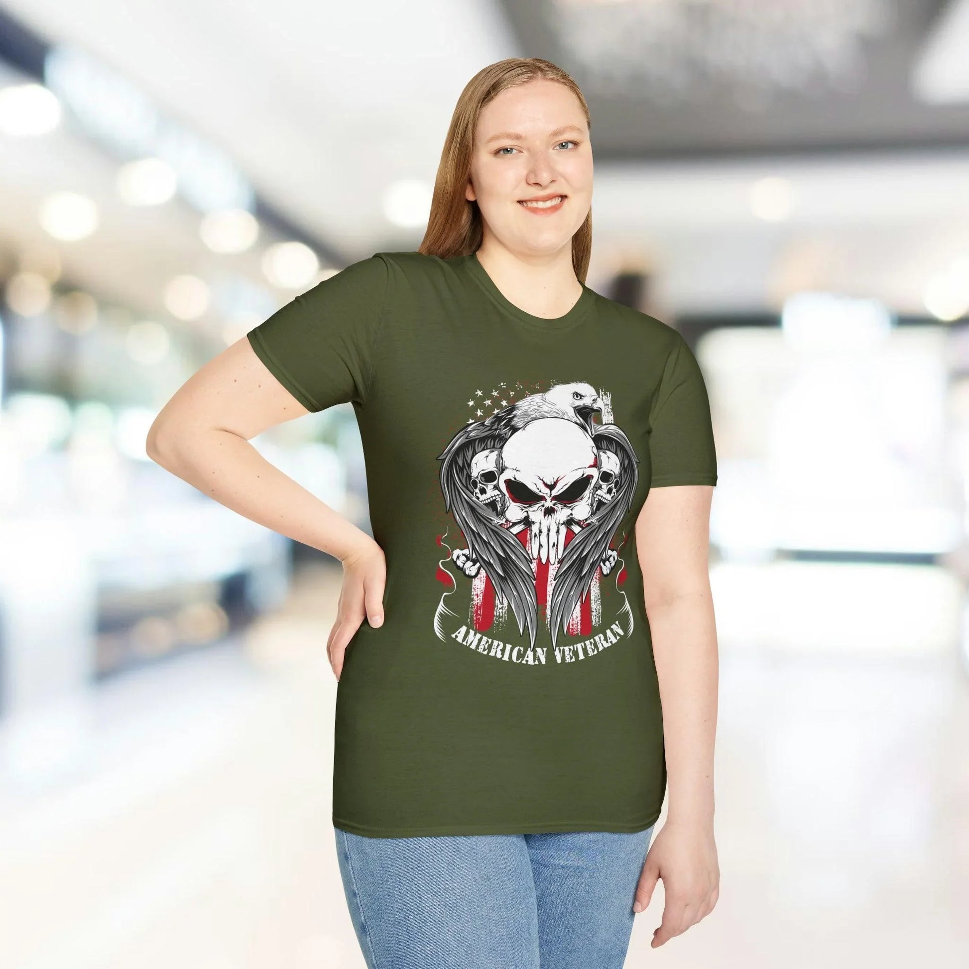 Close-up of the white American Veteran unisex softstyle T-shirt displaying reinforced neckline stitching and smooth fabric