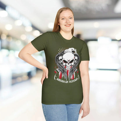 Close-up of the white American Veteran unisex softstyle T-shirt displaying reinforced neckline stitching and smooth fabric