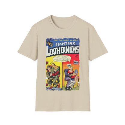 Close-up of the unisex softstyle T-shirt’s smooth heather fabric in heather gray, highlighting the relaxed fit and subtle