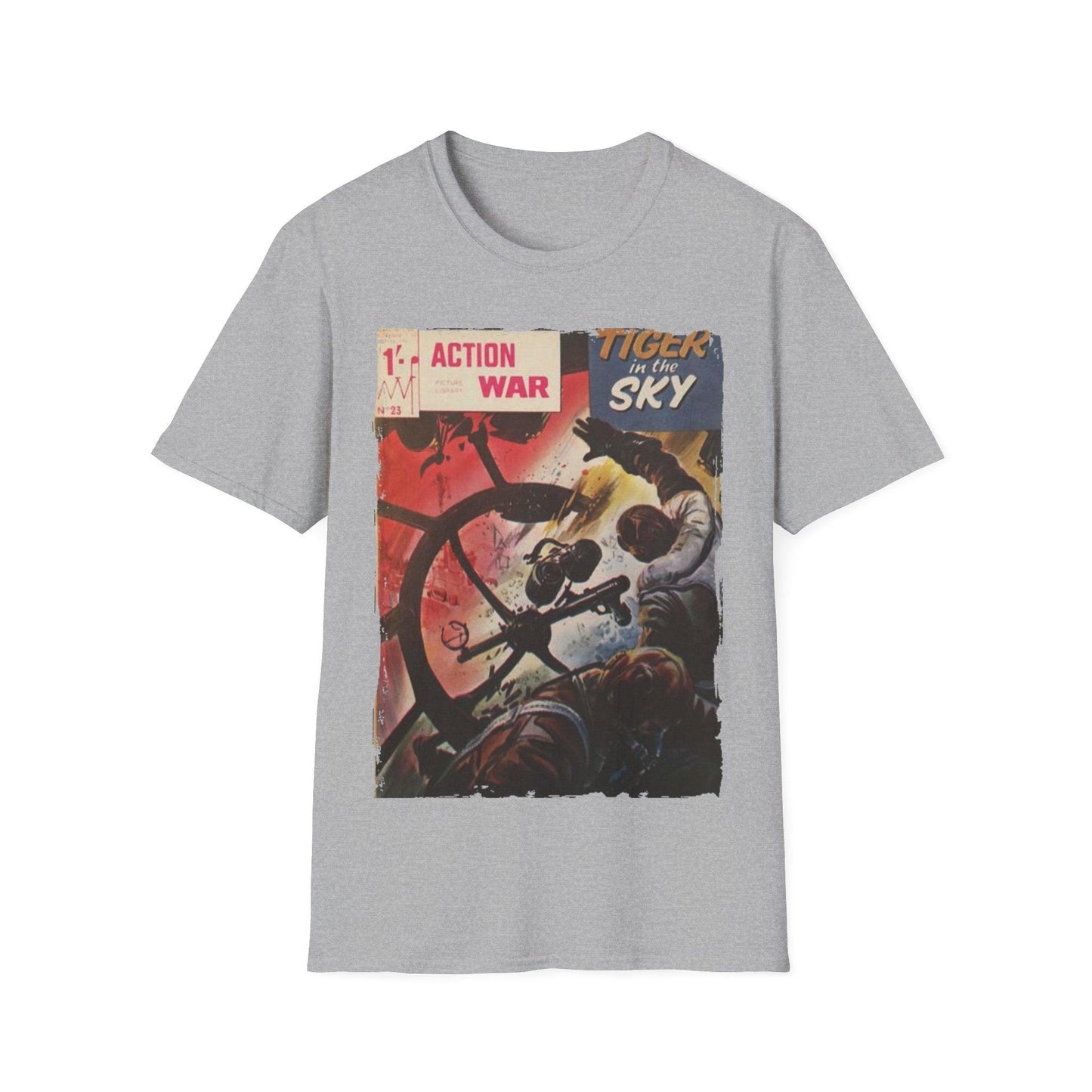 Close-up of the unisex softstyle T-shirt's vibrant crimson color and smooth cotton fabric texture from a front low-angle