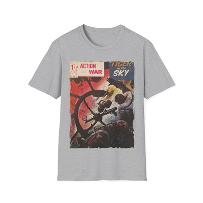 Close-up of the unisex softstyle T-shirt's vibrant crimson color and smooth cotton fabric texture from a front low-angle