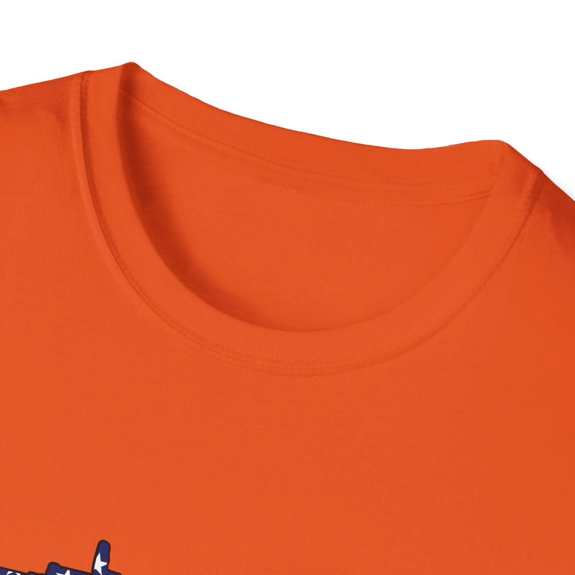 Close-up of the AR American Flag T-shirt's collar and stitched neckline detail on relaxed-fit soft cotton fabric