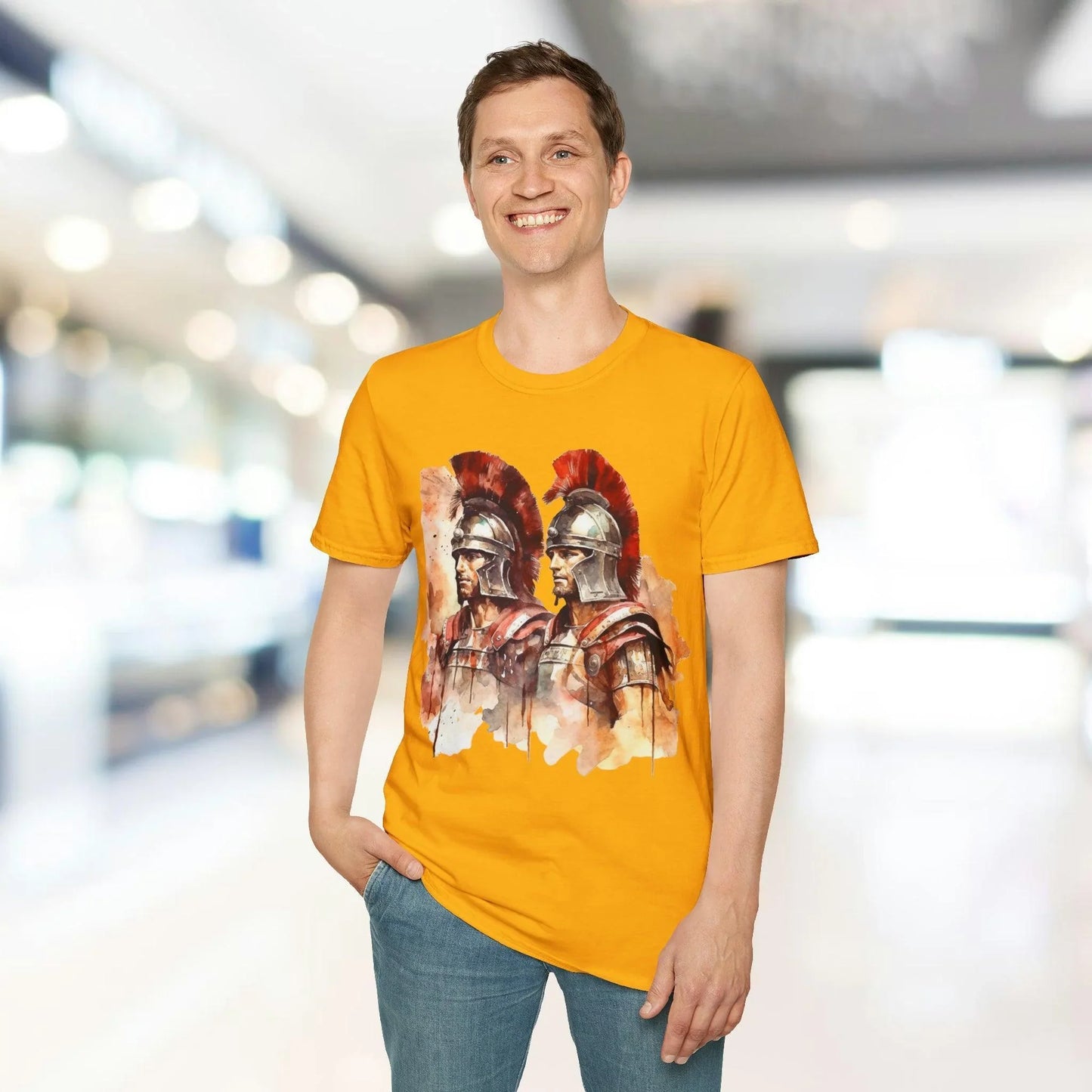 Close-up of the crimson-red Ancient Warrior 2 T-shirt neckline and stitched collar detailing on soft cotton fabric.