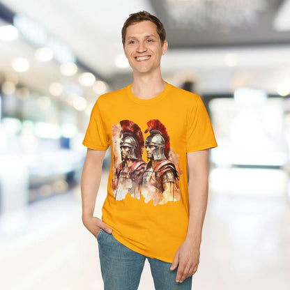 Close-up of the crimson-red Ancient Warrior 2 T-shirt neckline and stitched collar detailing on soft cotton fabric.