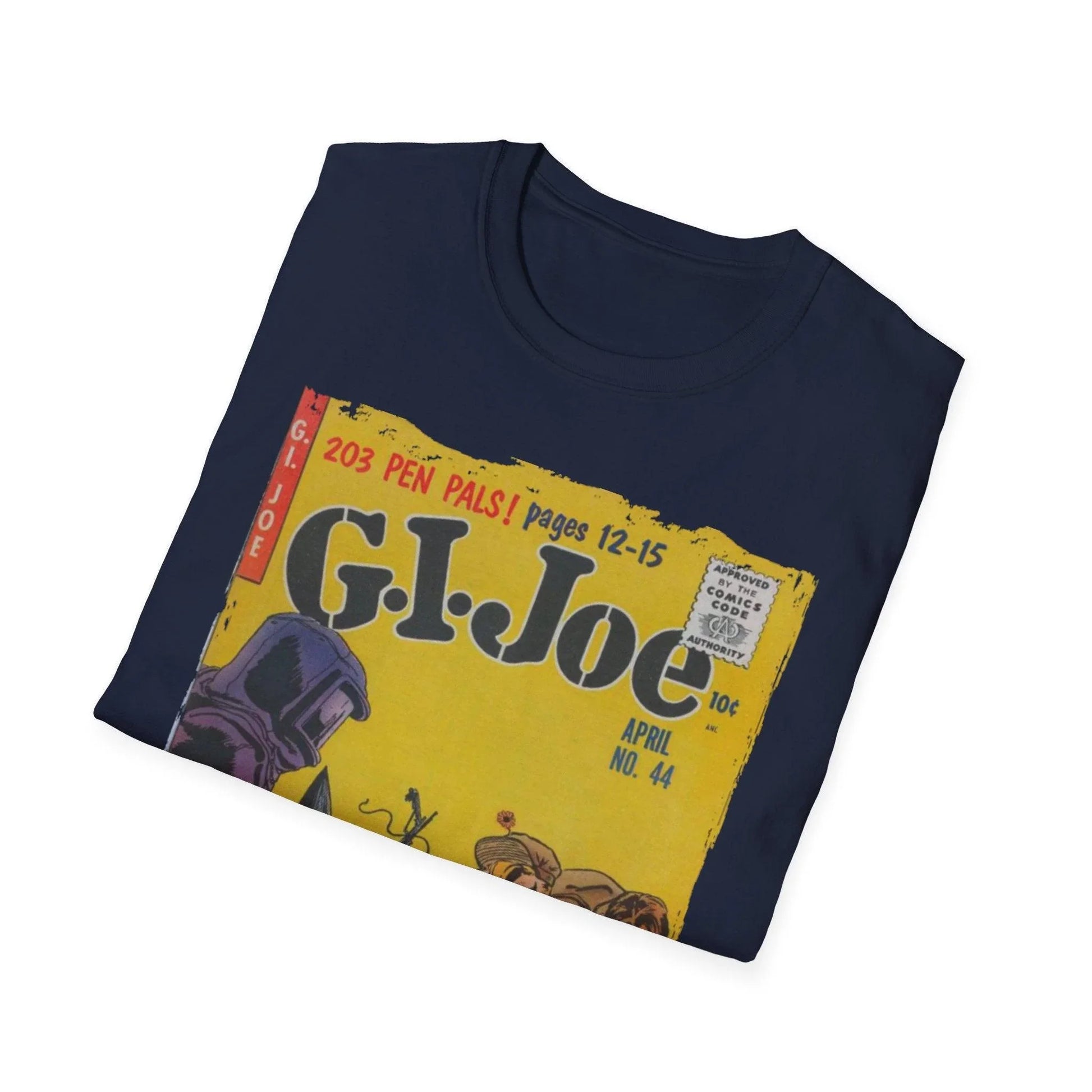 Close-up of the G.I. Joe No.44 softstyle T-shirt’s navy blue fabric showing smooth jersey texture and subtle stitching