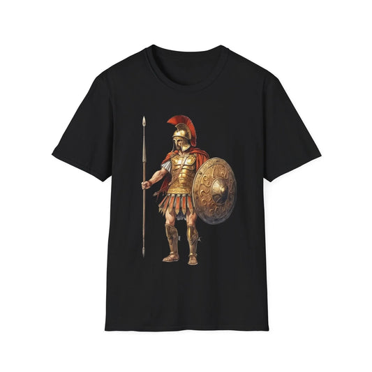 Ancient Warrior 1 unisex cotton crew neck T-shirt with regular fit, black color, DTG print, and printed neck labels by