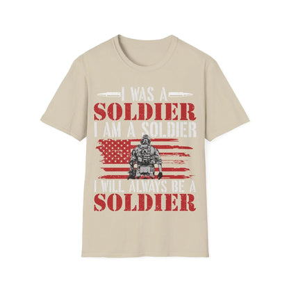 Close-up of the unisex soft cotton fabric highlighting the crisp black "Always Be A Soldier" text print on relaxed-fit slate