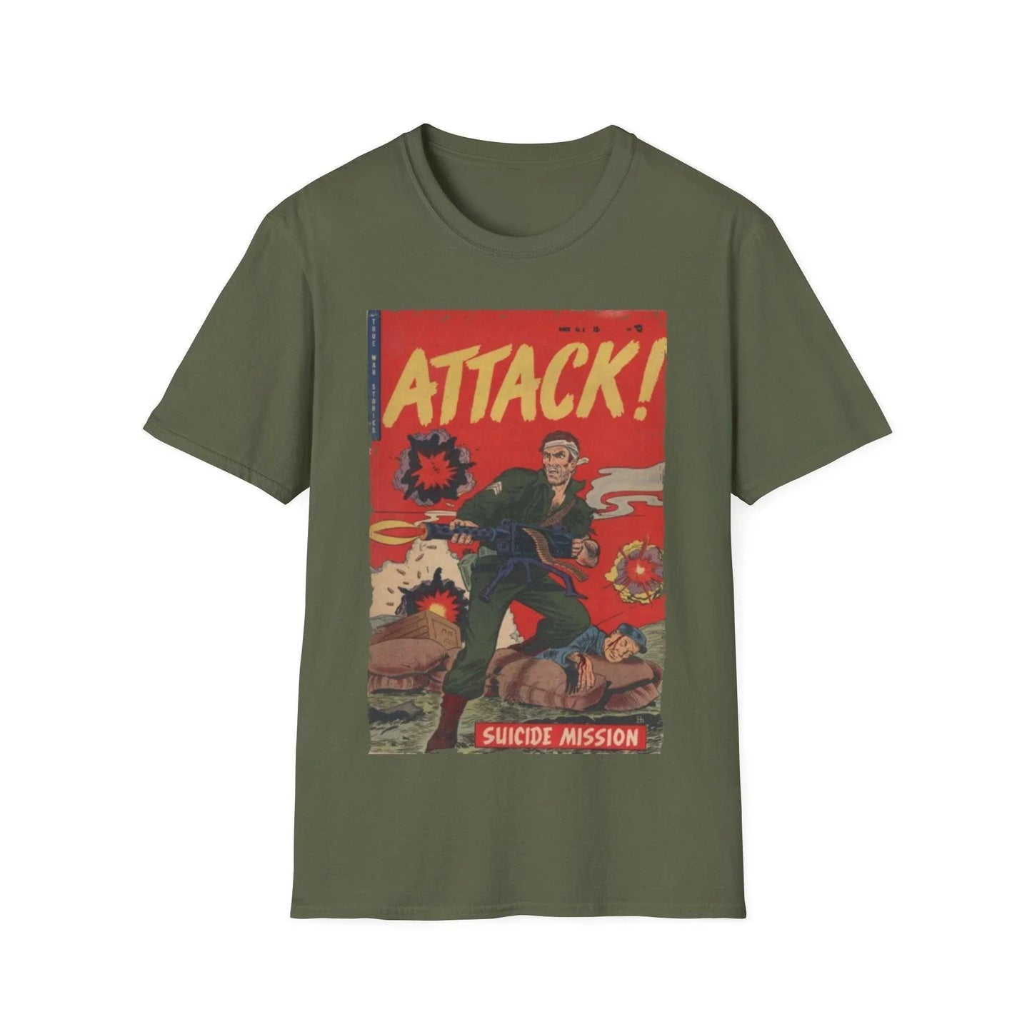 Close-up of the Attack! No. 6 T-shirt's soft cotton fabric with visible stitching and relaxed fit neckline from a top-down