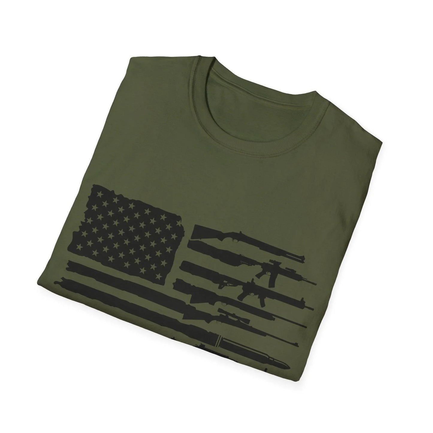 Close-up of the American flag design on the black-and-white printed fabric, highlighting the detailed distressed pattern on