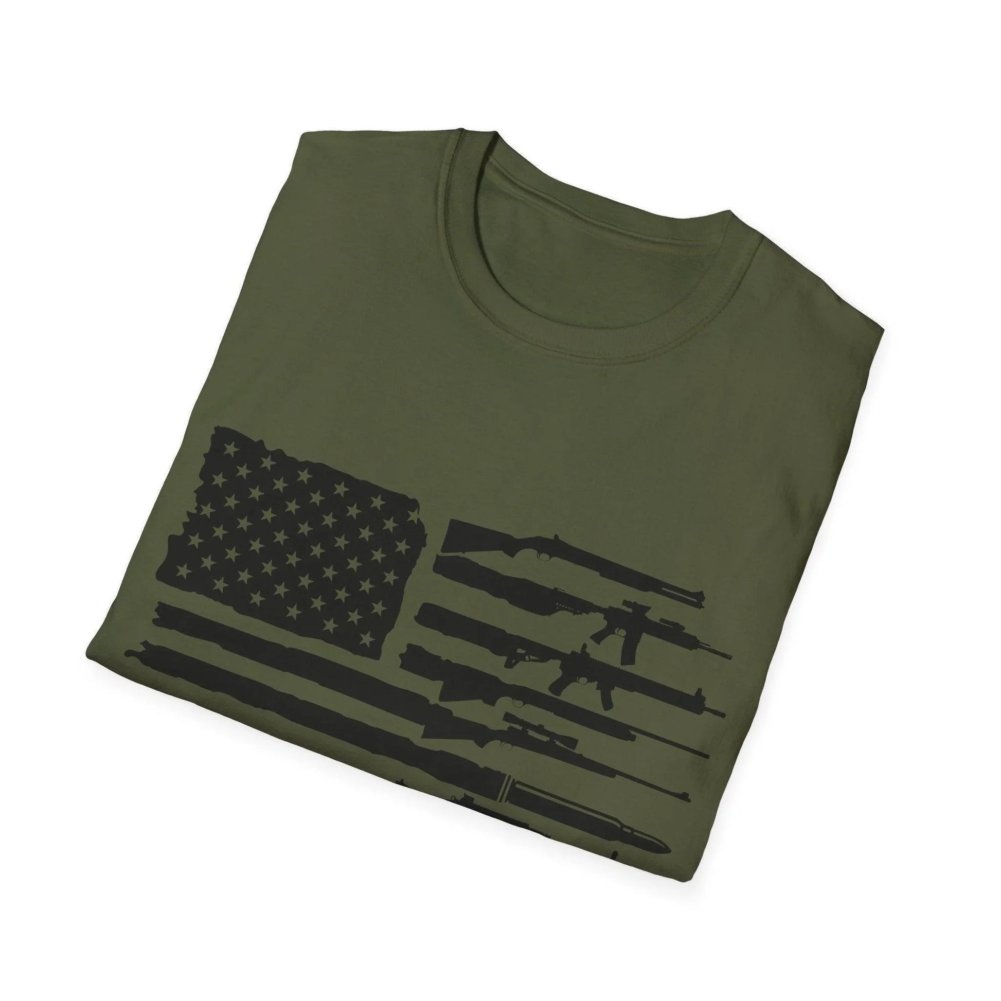 Close-up of the American flag design on the black-and-white printed fabric, highlighting the detailed distressed pattern on