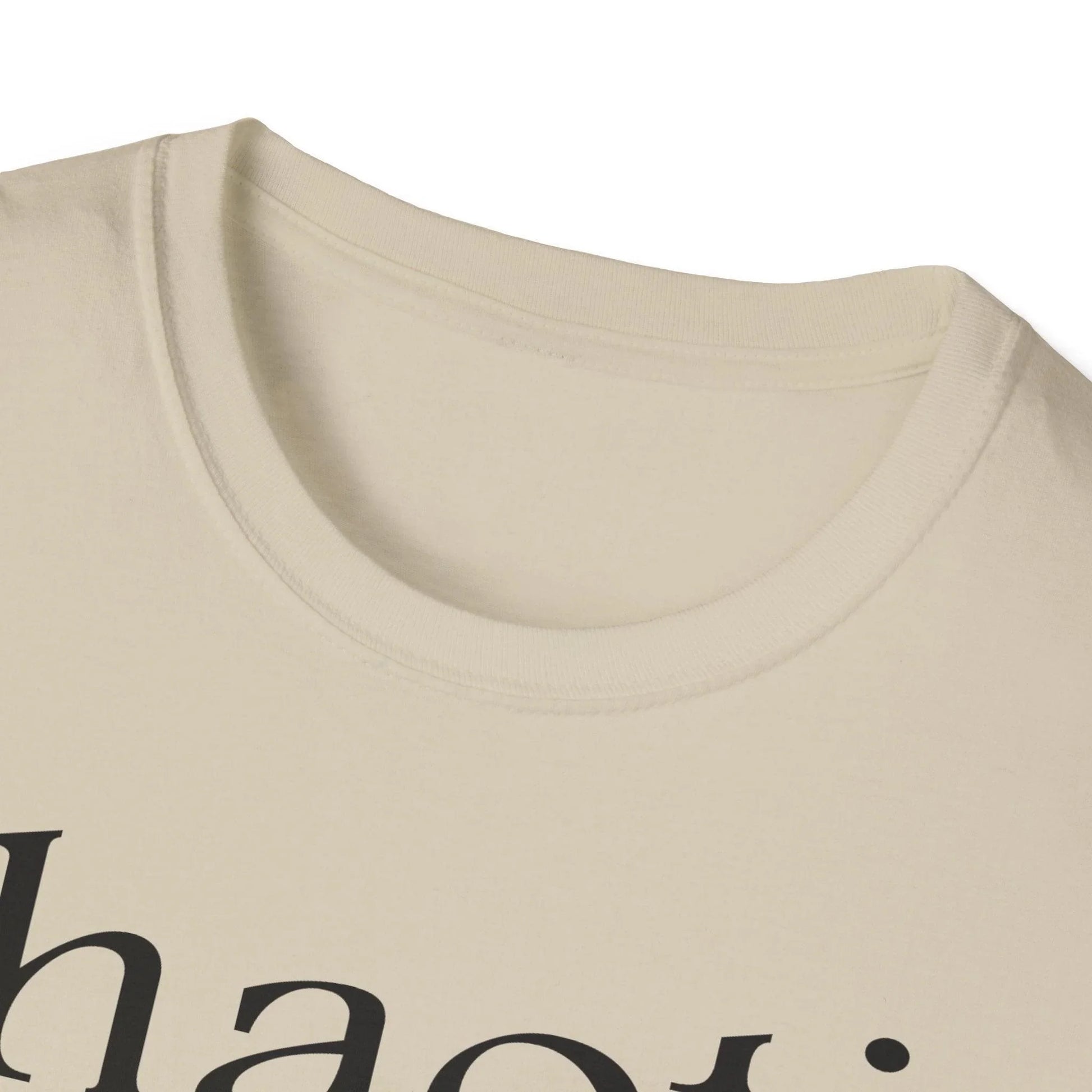 Close-up of the black unisex softstyle fabric showing subtle texture and relaxed fit neckline from a slightly angled