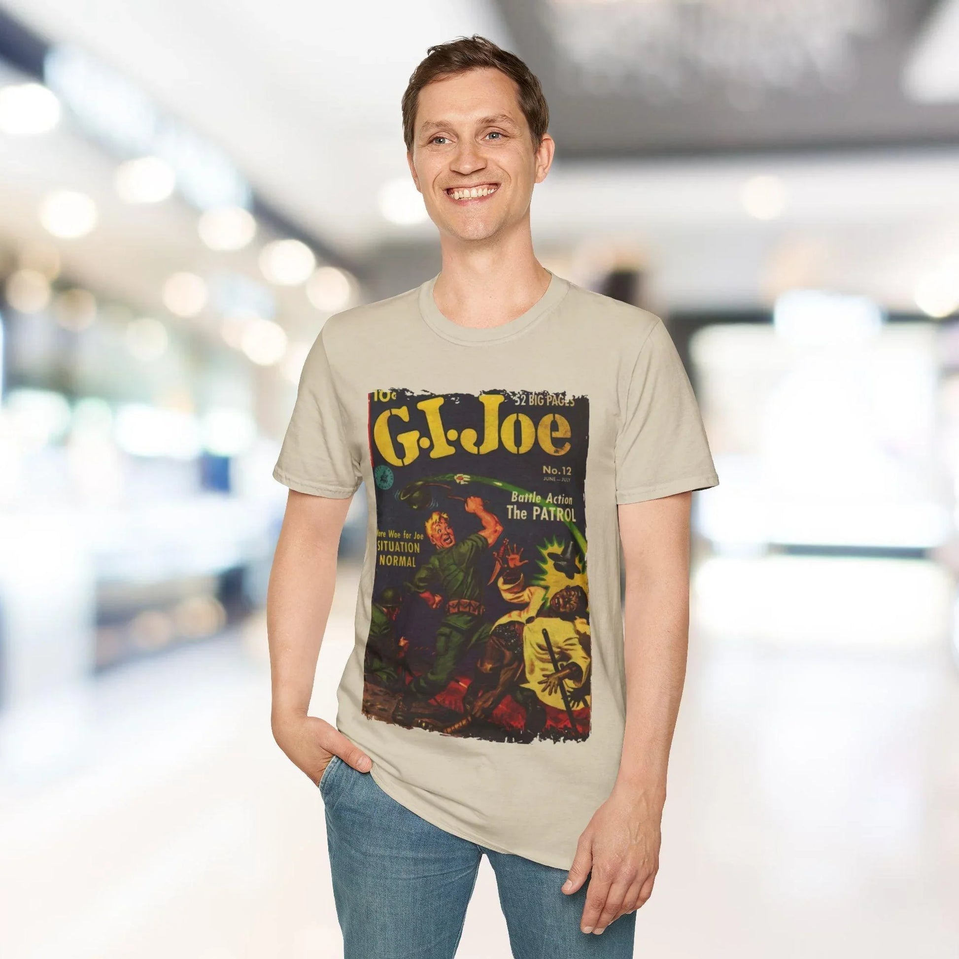 Close-up of the G.I. Joe No.12 softstyle T-shirt's relaxed fit, displaying the vibrant red color and smooth cotton-blend