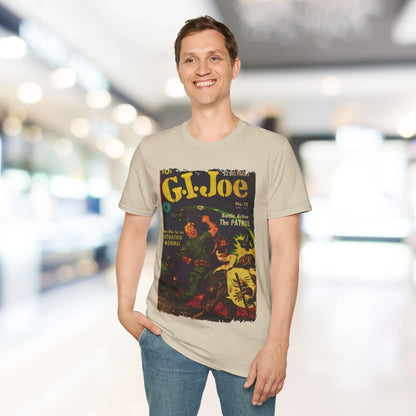 Close-up of the G.I. Joe No.12 softstyle T-shirt's relaxed fit, displaying the vibrant red color and smooth cotton-blend