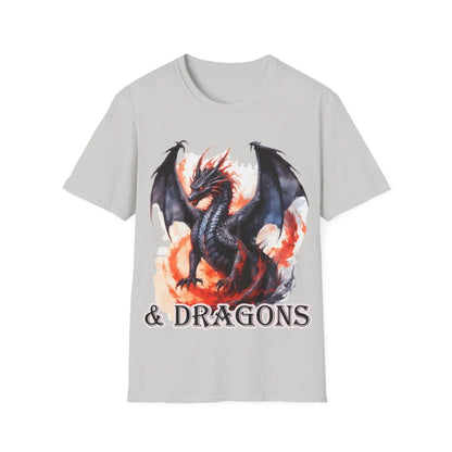 Close-up of the unisex softstyle T-shirt’s label featuring the & Dragons logo on smooth, heather grey fabric with a crew