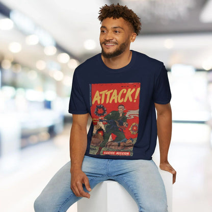 Close-up of the Attack! No. 6 unisex softstyle T-shirt neckline demonstrating smooth stitching and vibrant red color detail.